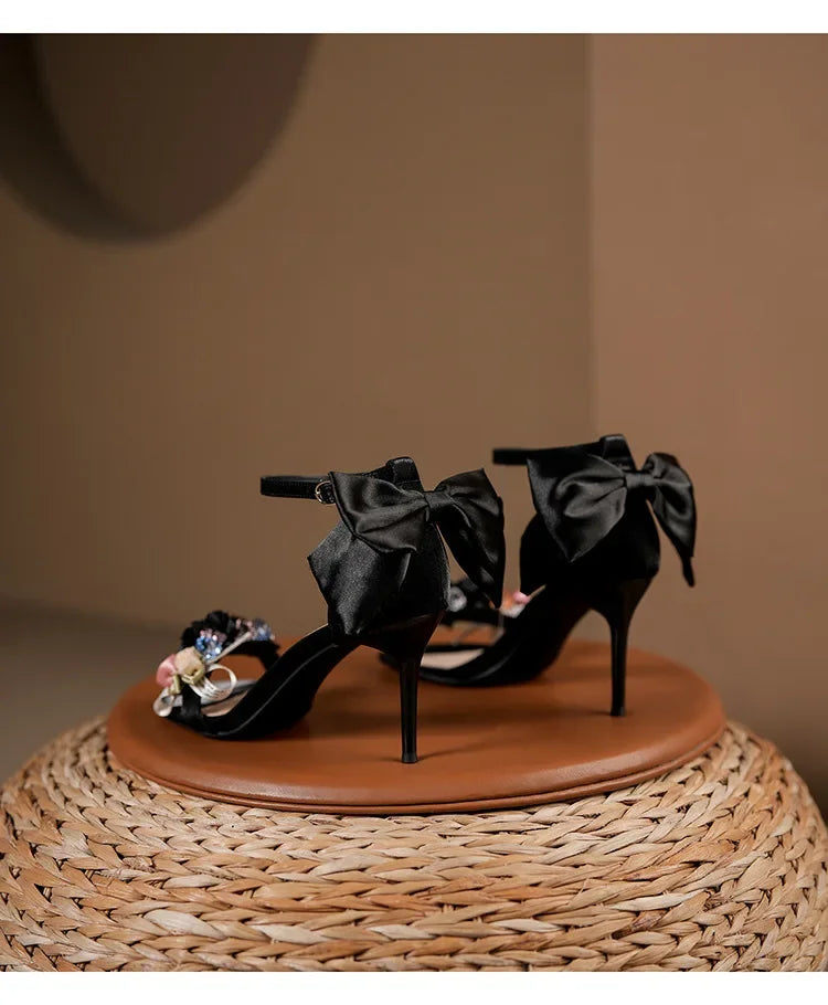 Summer Fashion Shoes Woman Pumps Open Toe Satin Flower Bow Buckle High Heels Ladies Sandals Women's Dress Wedding Party Shoes