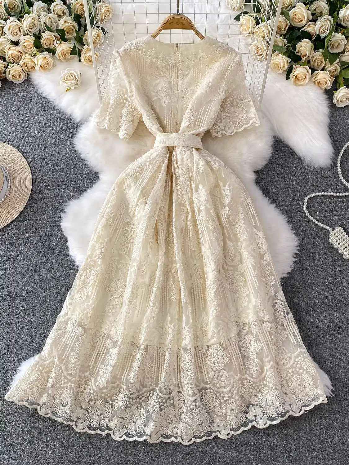 Luxury Formal Evening Lace Dress Women Summer Short Sleeve Crochet Embroidery Prom Long Dresses Runway Party Vestidos