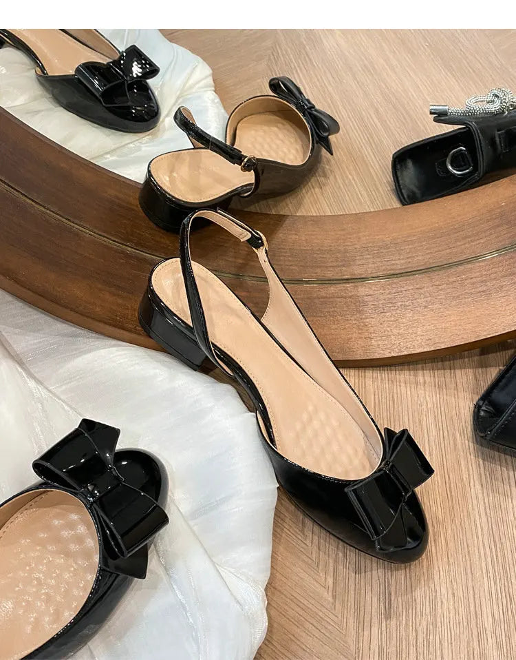 French-Style Bow Head-Toe Sandals For Women 2025 Summer New Style Chunky Heel Patent Leather High Heel Mid-Heel Sandals