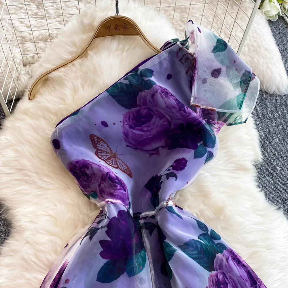 American Chic Maxi Dress for Women Floral Printed Skew Collar Sleeveless Female Dresses A-line Evening Club Vestidos Dropship