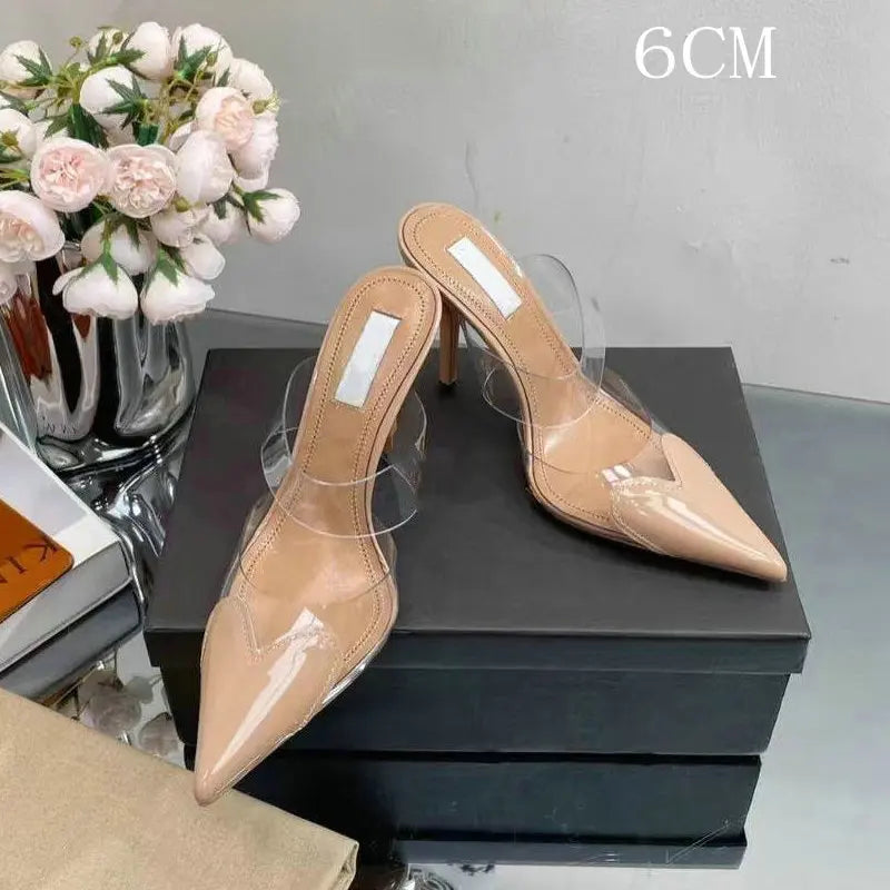 2025 Colorful Heart-Shaped Transparent Sexy Patchwork Color Sandals Women'S Half-Toe Pointed Toe Slippers 6cm/8cm/10cm