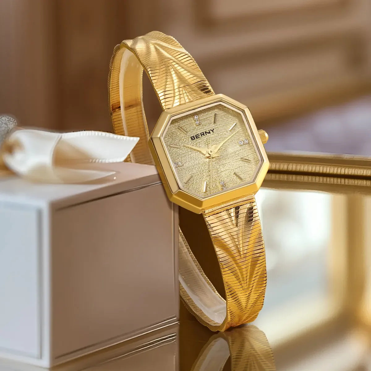 BERNY Gold Watch for Women Grit Dial Octagonal Ladies Quartz Wristwatch Stainless Steel Women Small Golden Watch Luxury Watches