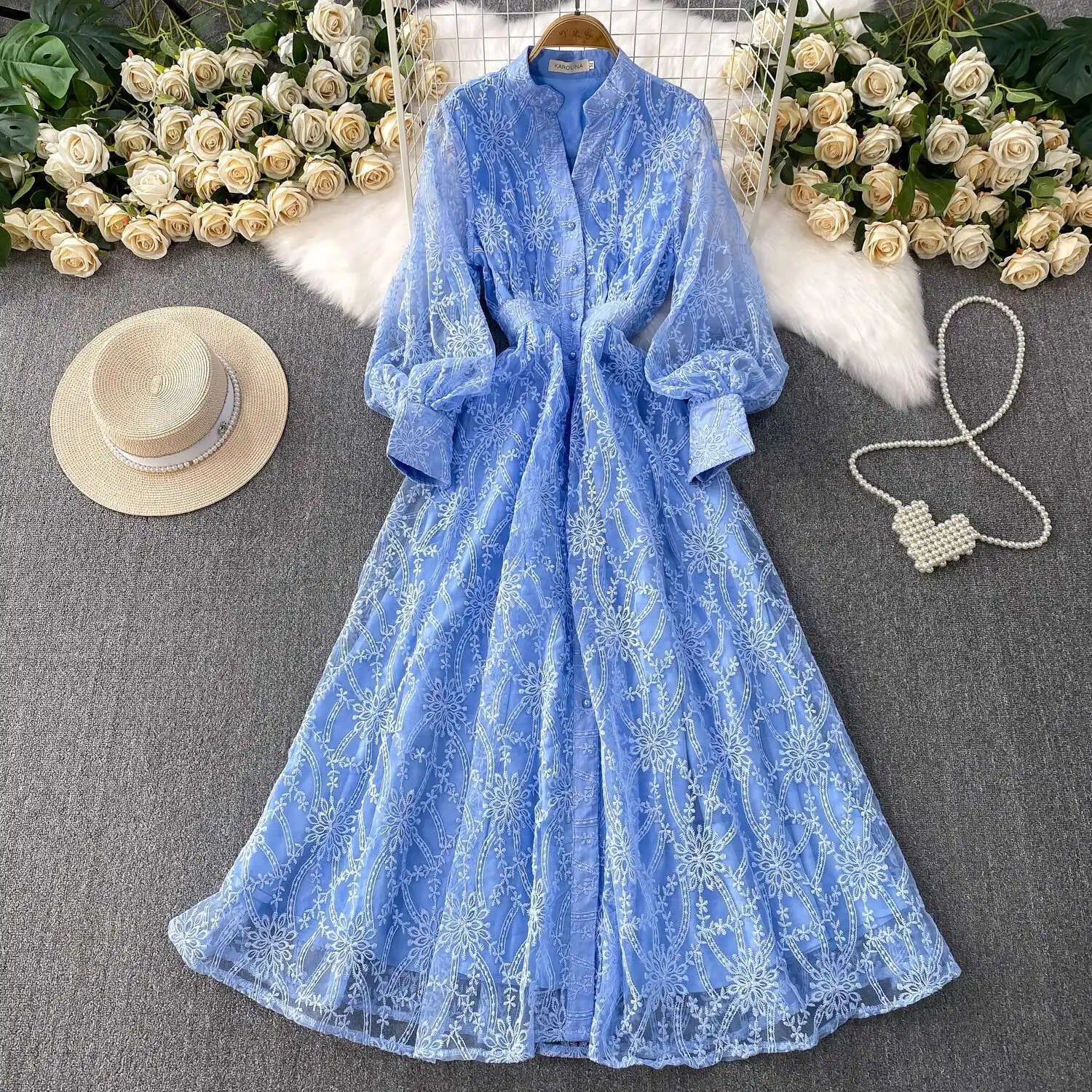 Autumn Embroidery Formal Evening Luxury Dress For Women Long Sleeve Crochet Lace Summer Dresses Single Breasted Party Vestidos
