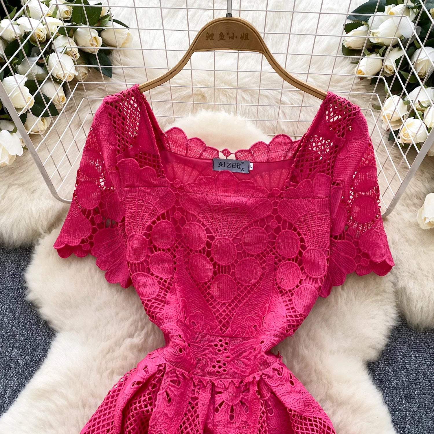 France Elegant Fashion Slim Evening Dress Women Hollow Out Lace Crochet Party Dress Female Casual Chic High End Clothing New