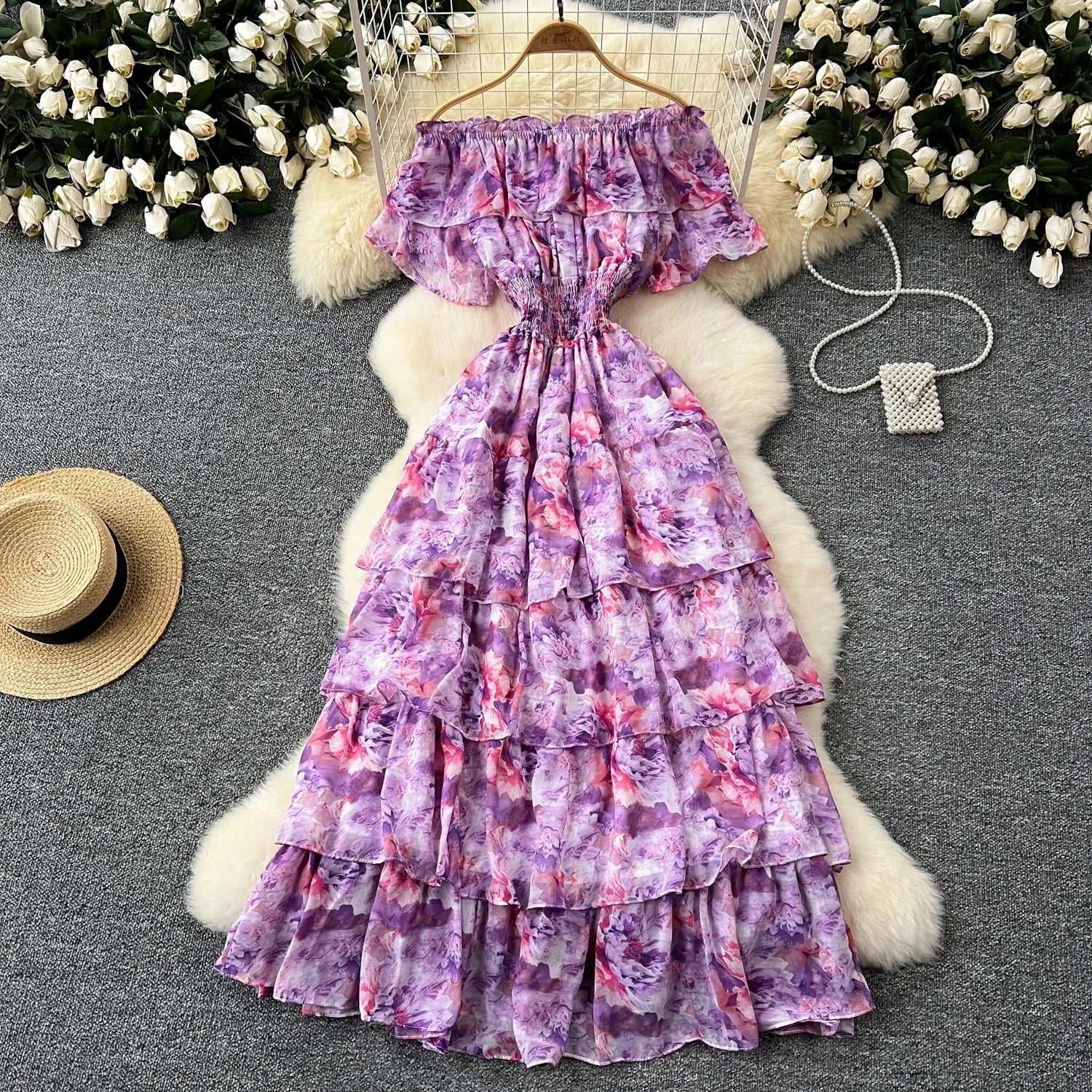 French Vintage Off Shoulder Short Sleeve Ruffle Tiered Long Dresses Chic Casual Beach Vacation Women Summer Chiffon Clothing