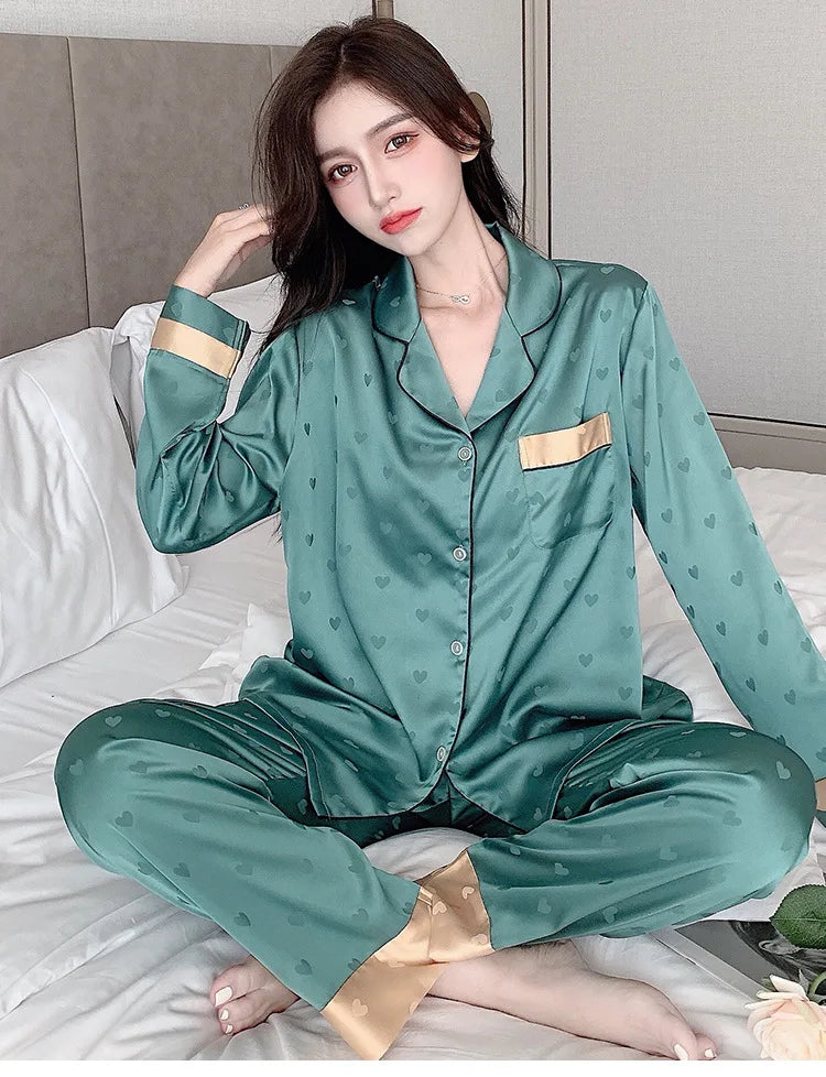 Top Autumn New Ice Silk Women Pajama Lapel Button Cardigan Outfits for Women 2 Piece Set Fashion Printing Set Clothes for Women