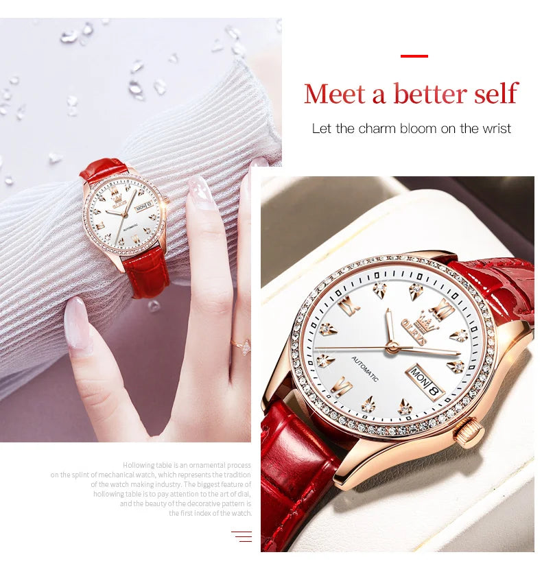 OLEVS Fashion Women Mechanical Watches Luxury Diamond Ceramic Strap Waterproof Luminous Week Calendar Automatic Watch For Women