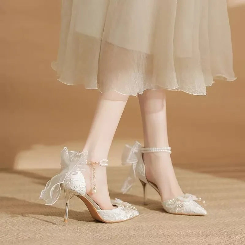 French Satin Wedding Shoes Two-Wear White Fairy Flower High-Heeled Sandals