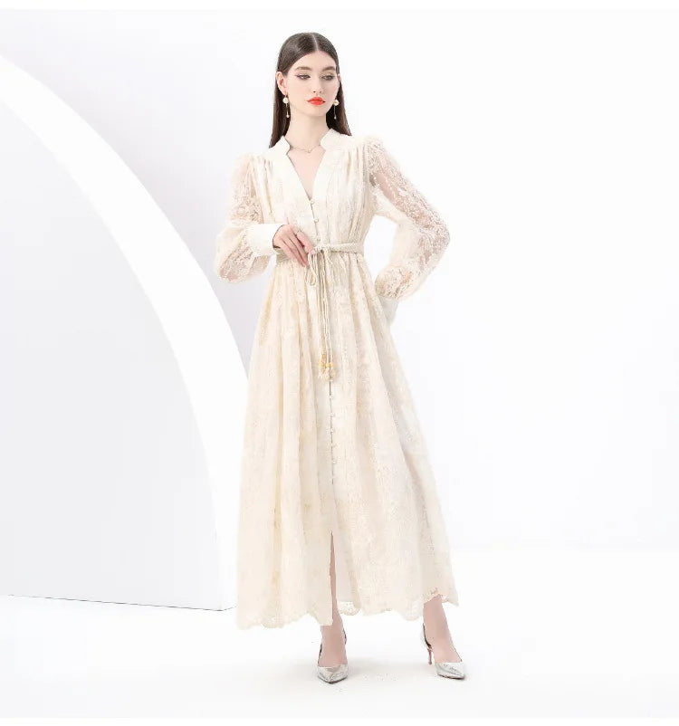 Luxury High-end Women Clothing Dress Spring Fitted Waist Embroidery V-neck Bell Sleeves Long Sleeves Single-breasted Long Dress