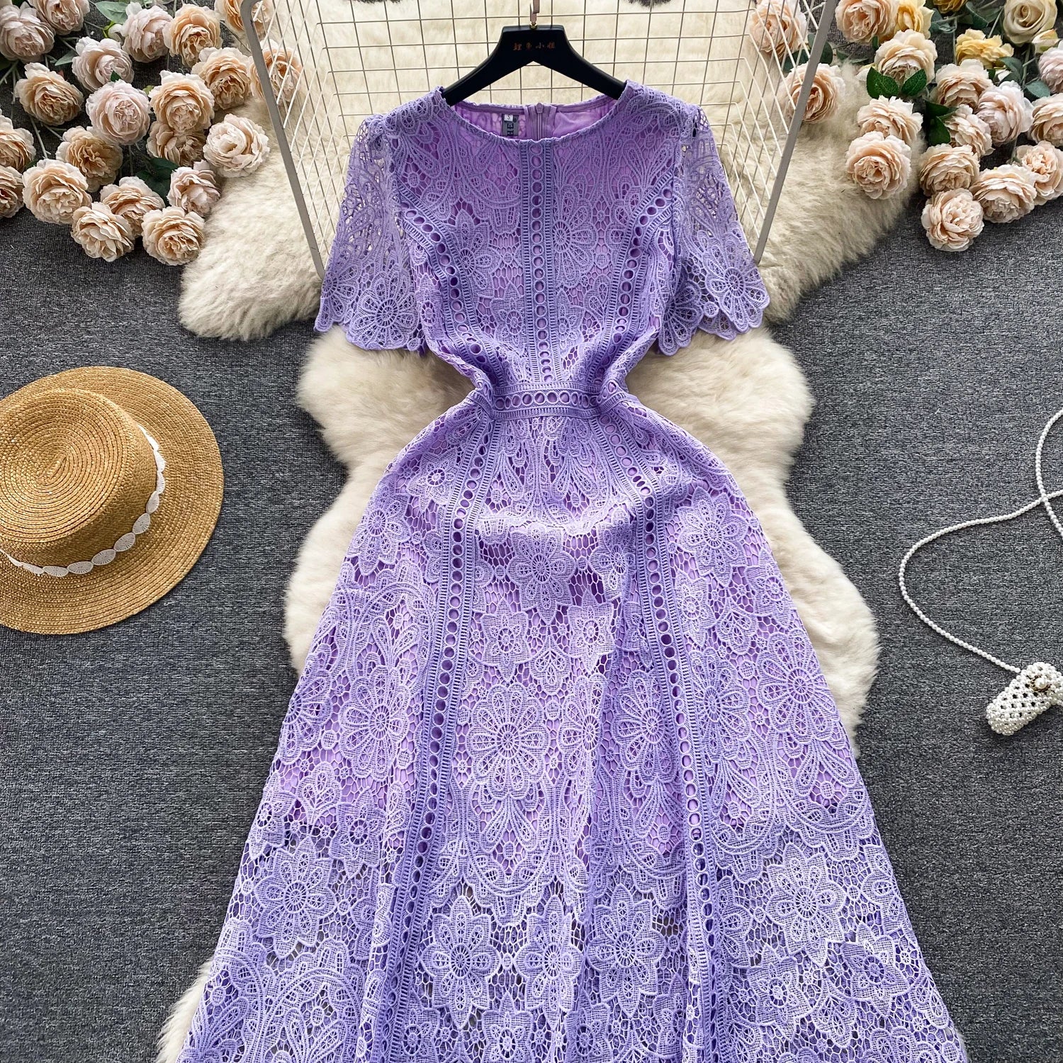 Embroidery Crochet Hollow Out Lace Dress For Women Summer Fashion Runway Short Sleeve Slim Waist Casual Party Midi Vestidos 6931