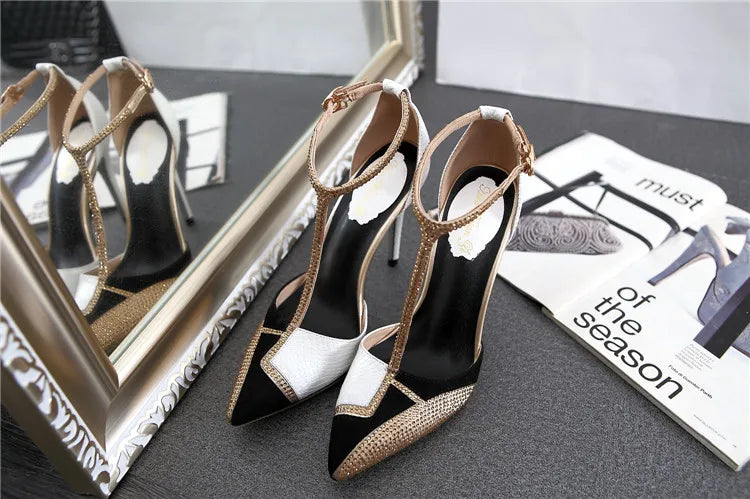 Spring and summer pointed toe hollow patent leather shoes thin high-heeled banquet dress large size small size women's sandals