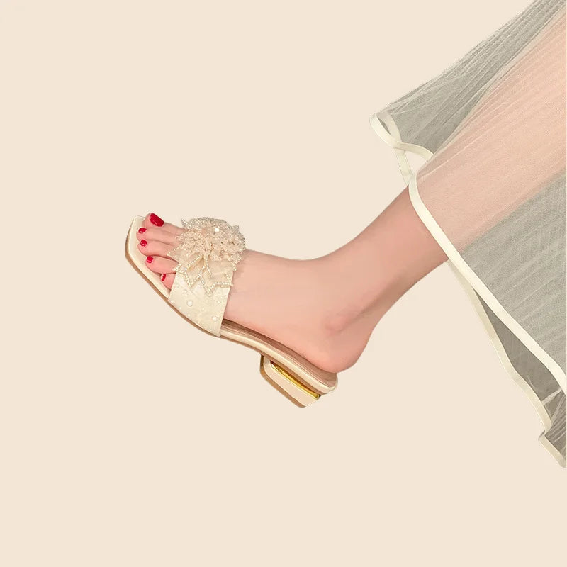 Women's Lightweight Summer Satin Gladiator Sandals and Slippers Beautiful Thick-Heeled Lace and Wedge Design