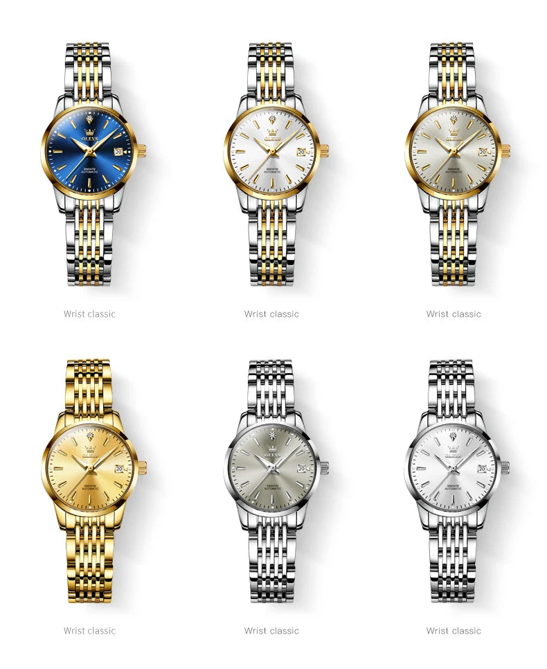 OLEVS 6635 Luxury Brand Ladies Watch Automatic Mechanical Wristwatch Waterproof Stainless Steel Watch For Women Chronograph Date