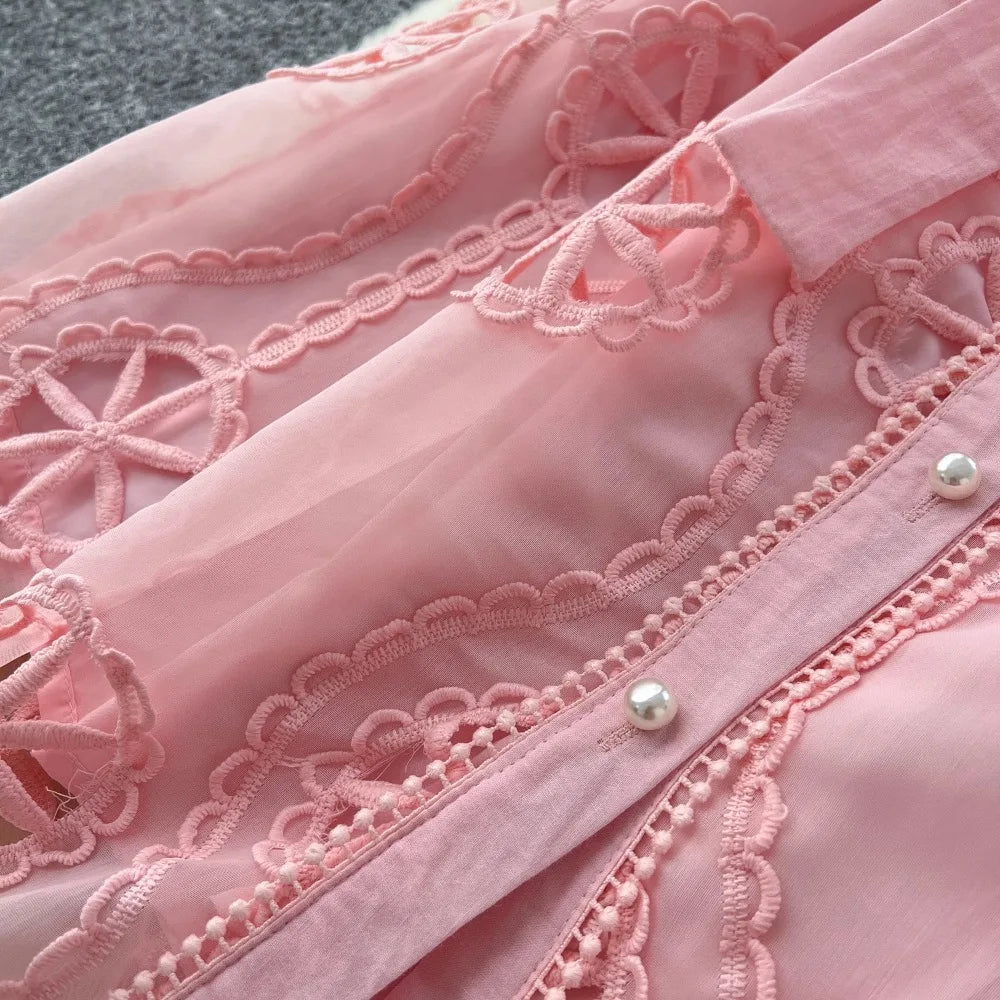 Elegant Embroidery Vintage Lantern Sleeves Lapel Single Breasted Chic Bandage Slim Long Dresses Women High Street Clothing