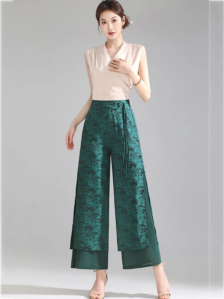 Chiffon Wide Wide Trousers Female Elegant Vintage New Pants Summer Thin Split Loose Skirt Pants Women Black Green