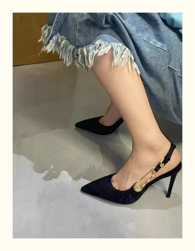 2025 Pointed-Toe Diamond High Heels For Women, Black Tight French Sexy Luxury Hollow Sandals