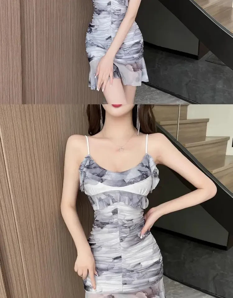 Summer French Pure Sexy Mesh Printed Suspender Dress Waist Pleated Bag