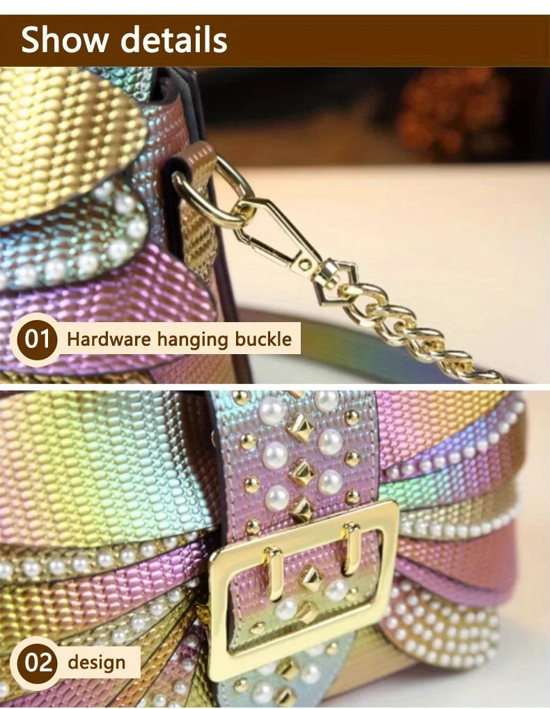 2025 new riveted wing hand-held women's bag, colorful chain crossbody single-shoulder dinner buns mother bag