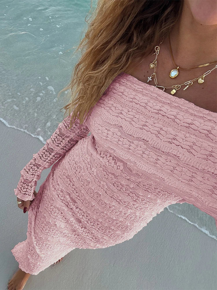 Cutenew Slash Neck Dress Women Sexy See Through Lapel Backless Full Sleeve Vacation Beach Party Elegant Skinny Maxi Vestidos