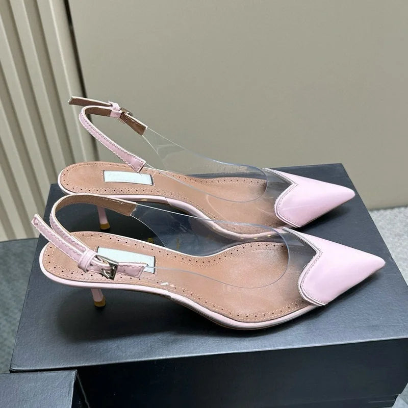 2025 European Summer New Women'S Sandals Pointy Thin Heels High Heels Back Empty Head Transparent Film Fashion Women'S Pumps