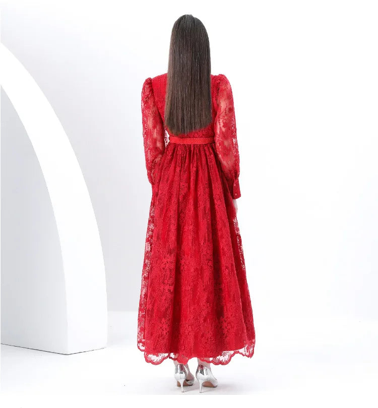 Luxury High-end Women Clothing Dress Spring Fitted Waist Embroidery V-neck Bell Sleeves Long Sleeves Single-breasted Long Dress