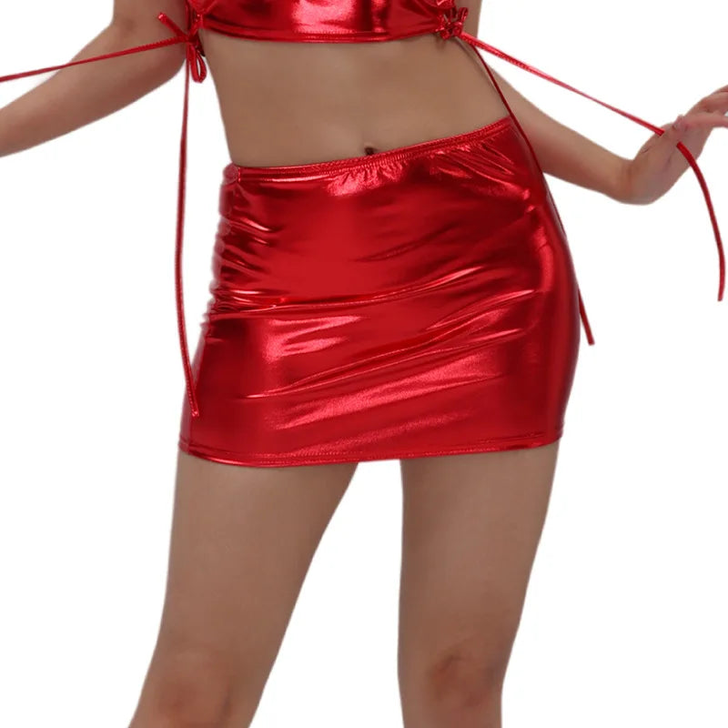 Hot Stamping Patent Leather Party Performance Costume Women's Sleeveless Strap Sleeveless Vest Nightclub Shorts Skirts