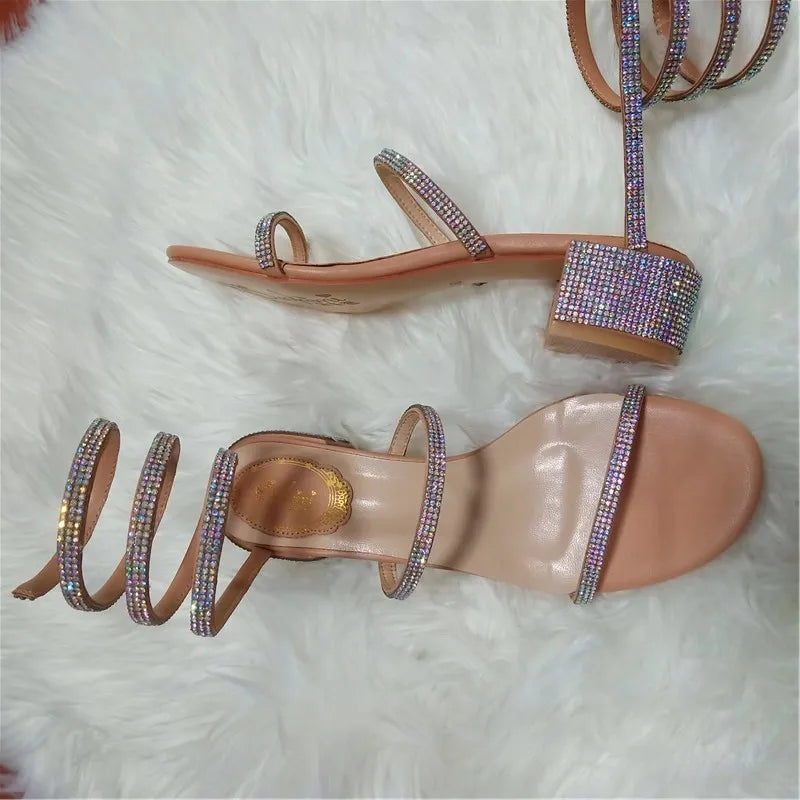 Summer Fashio 4CM Thick Heel Gladiator Sandals Women Flat Sandals Snake Punk Rhinestone Women Sandals Wedding Shoes