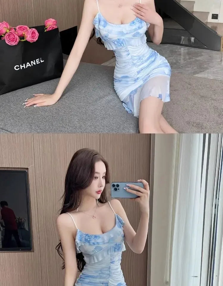 Summer French Pure Sexy Mesh Printed Suspender Dress Waist Pleated Bag