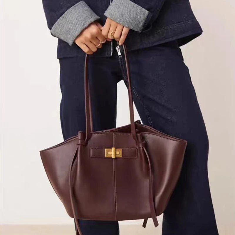 Brand Wing Shaped Handbag Luxury Gold Lock Buckle Design Tote Bag Women Large Capacity Shopping Bag Elegant Commute Underarm Bag