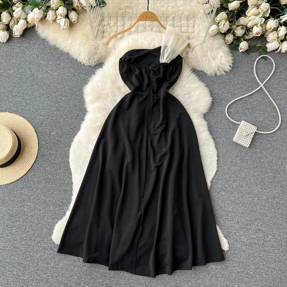 Chic Elegant Sleeveless Strapless Dress Beach Vacation Party Diagonal Collar Single Shoulder Dress Women Summer A-line Vestidos