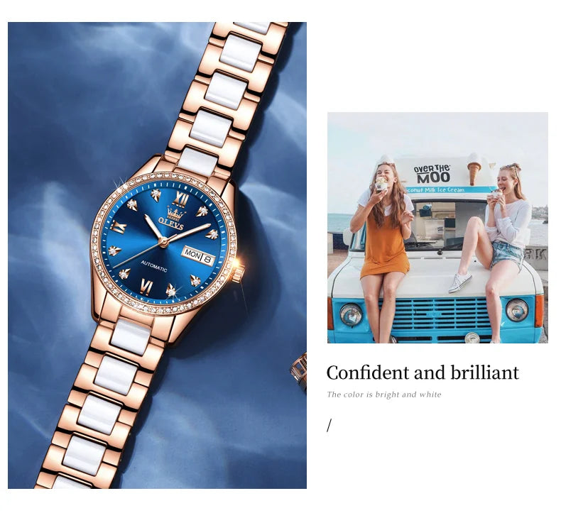 OLEVS Fashion Women Mechanical Watches Luxury Diamond Ceramic Strap Waterproof Luminous Week Calendar Automatic Watch For Women