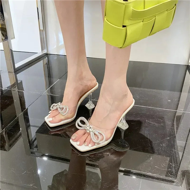 Summer New Style Luxury Fashion Sexy Comfortable Banquet Casual Rhinestone Elegant High Heels Bow Women's Slippers Zapatos Mujer