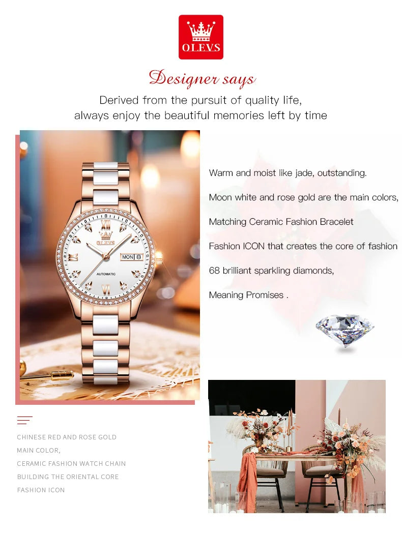 OLEVS Fashion Women Mechanical Watches Luxury Diamond Ceramic Strap Waterproof Luminous Week Calendar Automatic Watch For Women