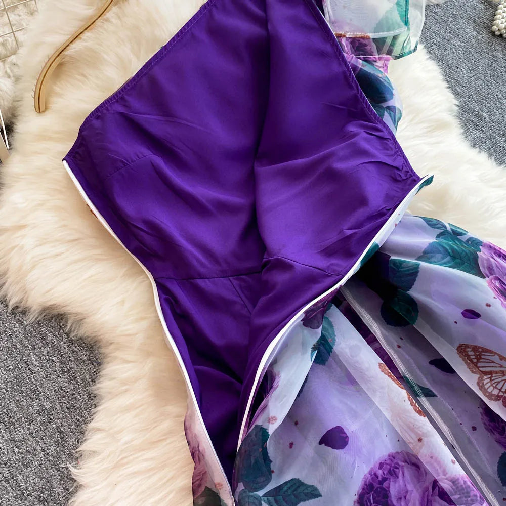 American Chic Maxi Dress for Women Floral Printed Skew Collar Sleeveless Female Dresses A-line Evening Club Vestidos Dropship