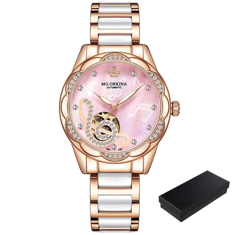 2025 New Designer Mechanical Watches Women Luxury Top Brand Ceramic Stainless Steel Diamond Music Ladies Automatic Wristwatches