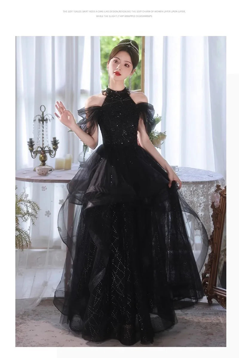 Evening Dresses Luxury 2026 Black Halter Evening Dress Corset Bodice Sequin Tulle Puffy Gown For Gala & Quinceanera