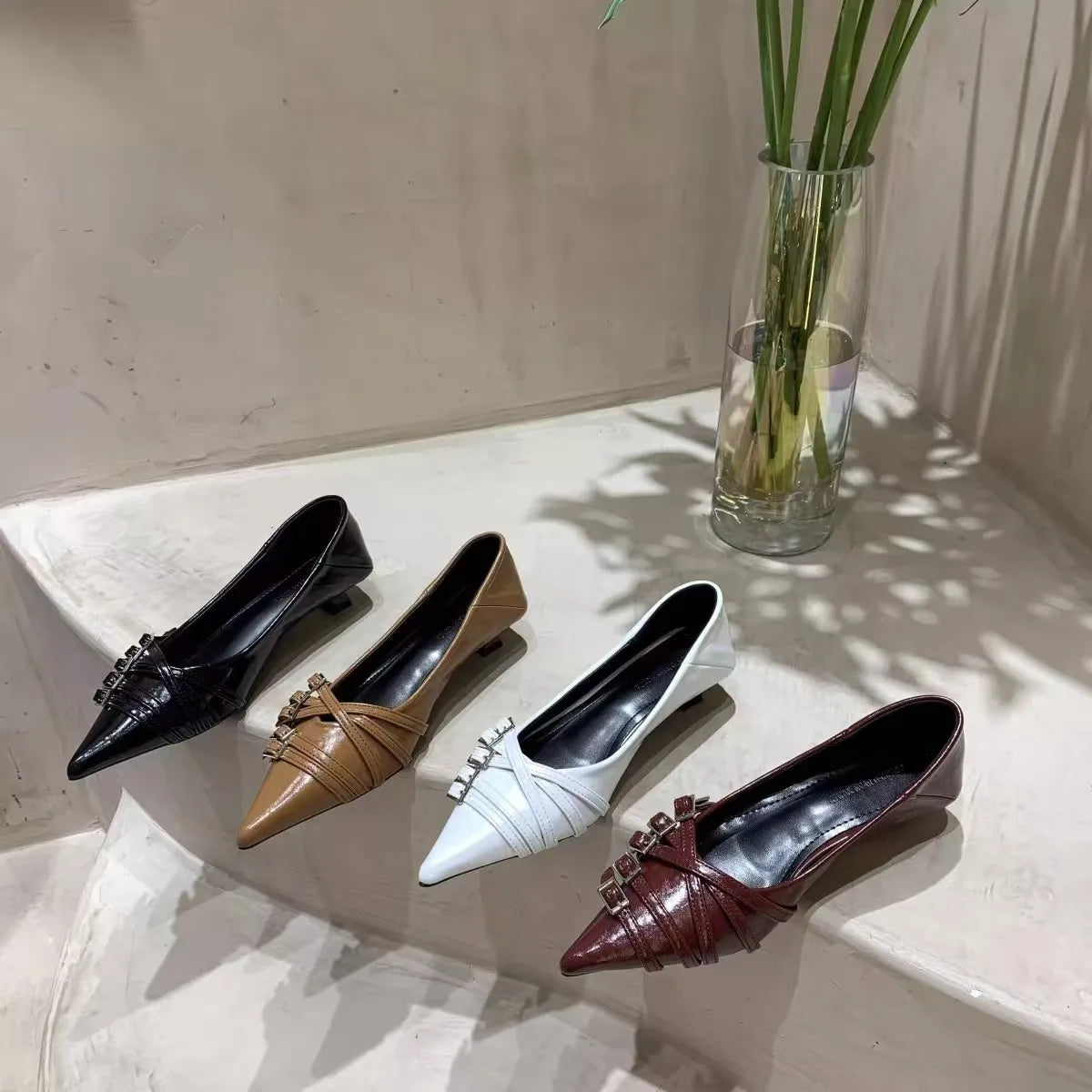 Thin Heeled Square Buckle High Heels for Women 2025 New French Style Shallow Mouth Low Heel Small Leather Shoes