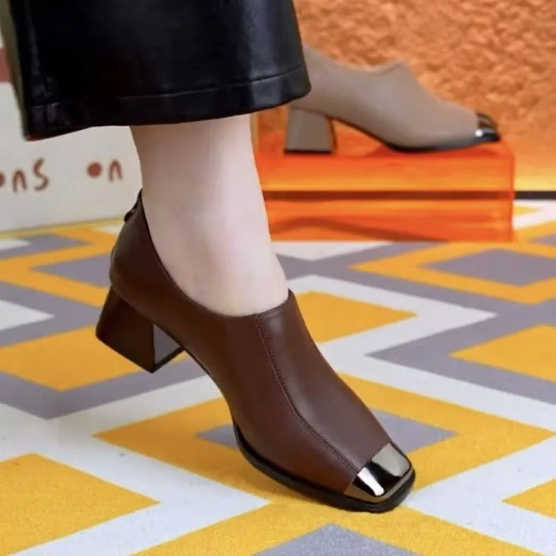 British Style Women's High Heels Woman Dress Shoes Round Toe Ladies Leather Shoes Diamond Decor Office Commute Comfortable Pumps