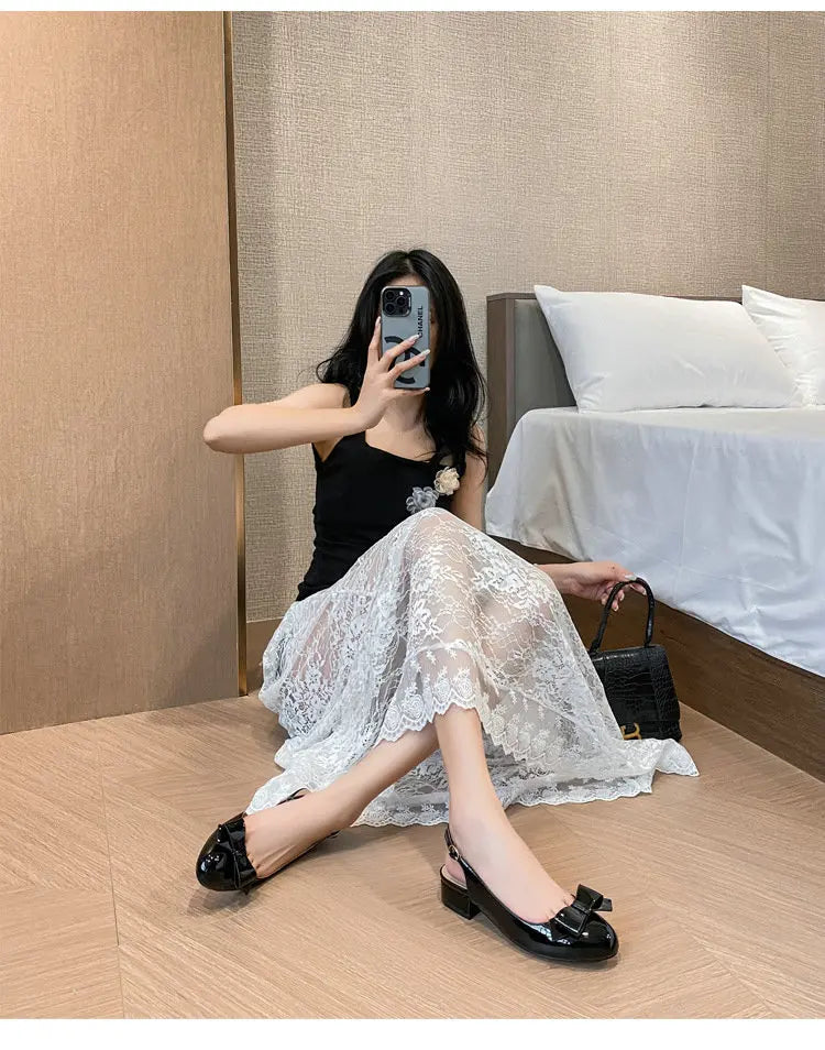 French-Style Bow Head-Toe Sandals For Women 2025 Summer New Style Chunky Heel Patent Leather High Heel Mid-Heel Sandals