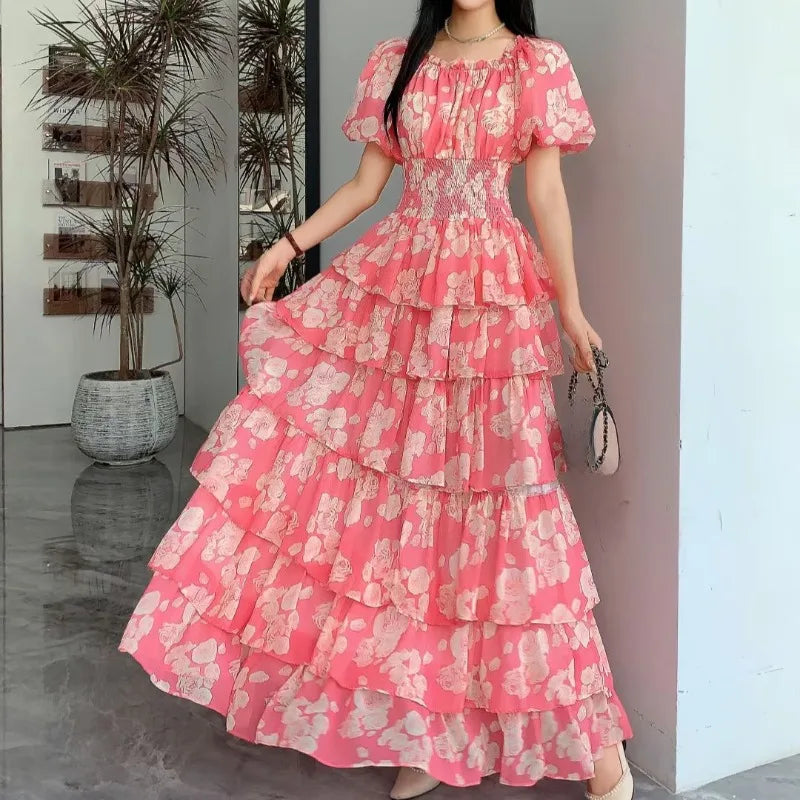 OCEANLOVE Women Dresses Puff Sleeve Print Floral Beach Style Elegant Vestidos Mujer Spring Summer Fashion A-line Long Dress