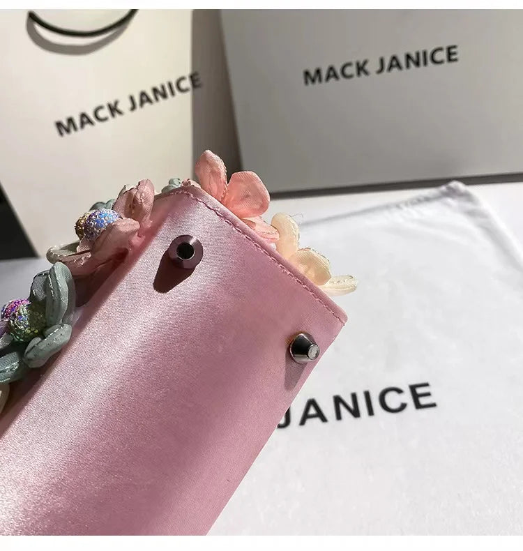 Luxury Satin Appliques Floral Square Bag Women's Handbag Fashion Evening Bag Wedding Party Clutch Purse Shoulder Crossbody Bag