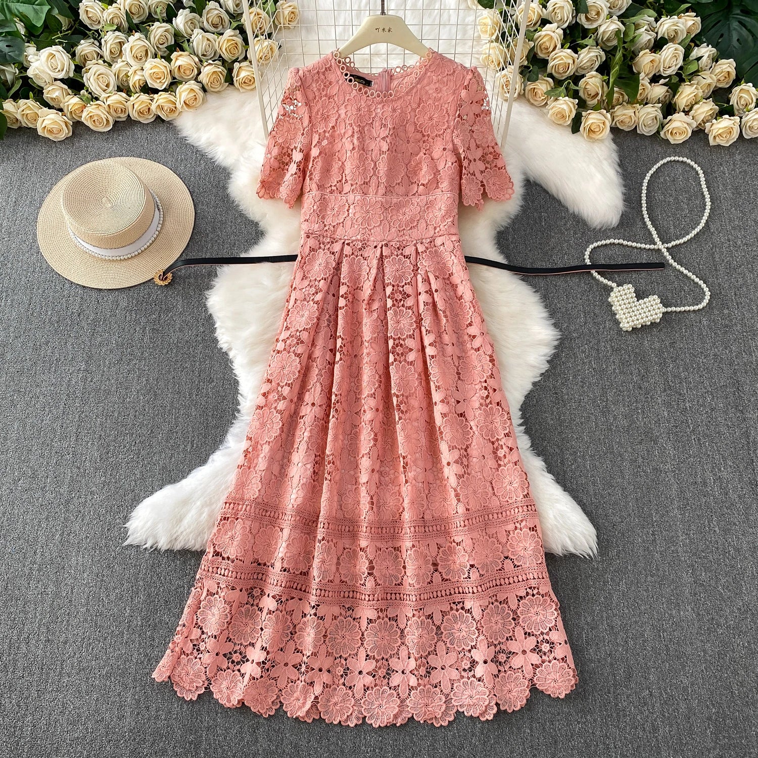 Brand Design Summer Embroidery Lace Long Dress Women Hollow Out Short Sleeve Midi Dresses Lady Belt Prom Evening Party Vestidos