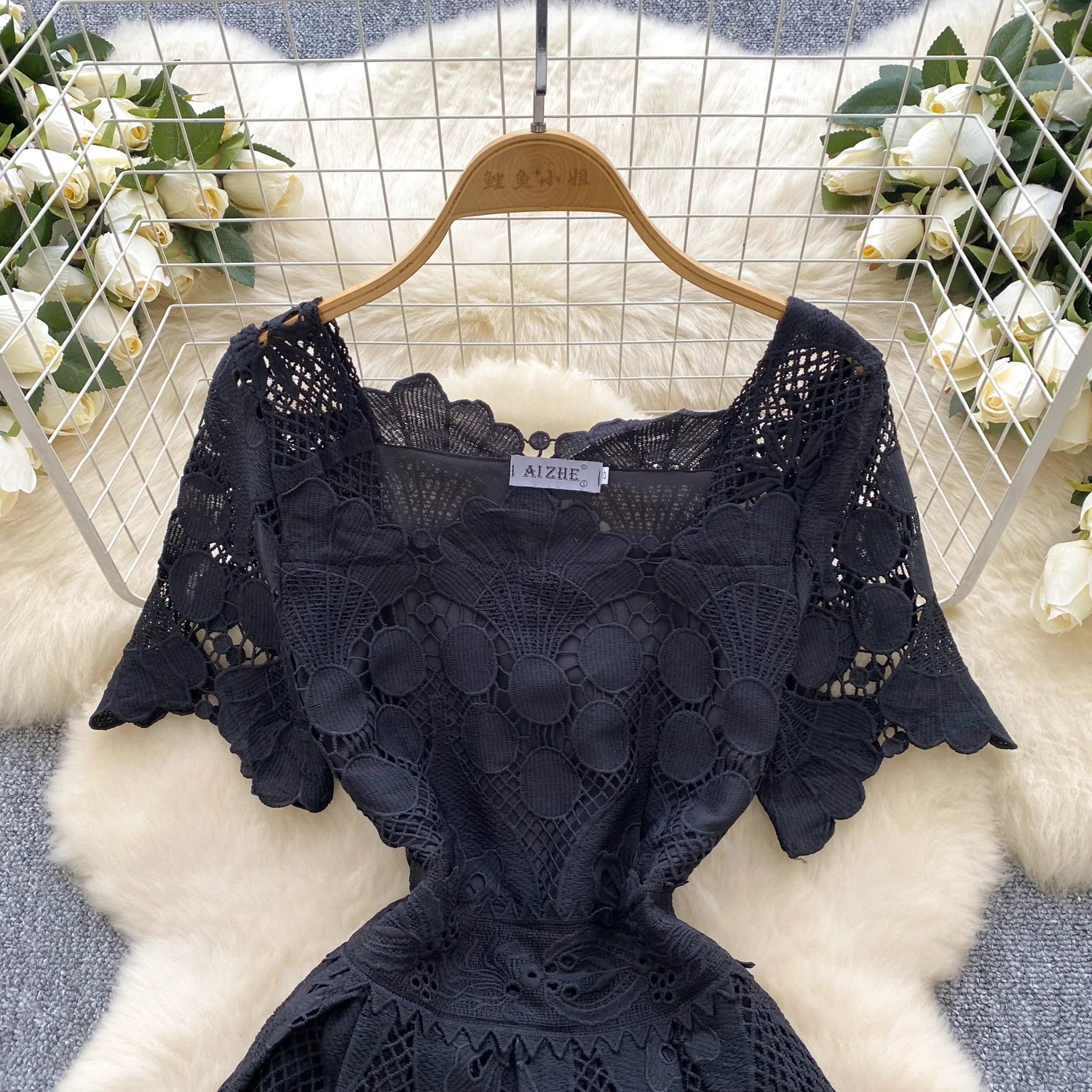 France Elegant Fashion Slim Evening Dress Women Hollow Out Lace Crochet Party Dress Female Casual Chic High End Clothing New