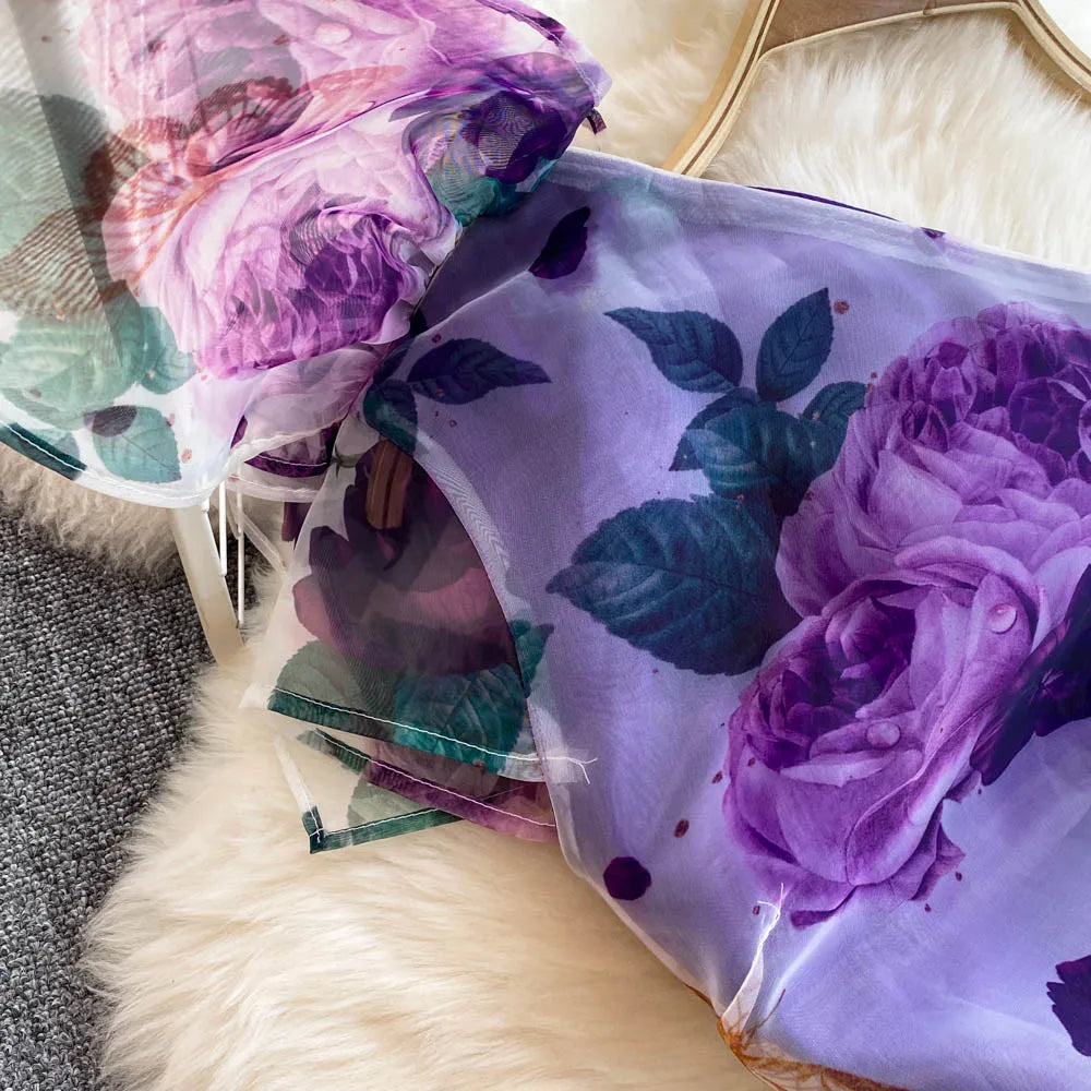 American Chic Maxi Dress for Women Floral Printed Skew Collar Sleeveless Female Dresses A-line Evening Club Vestidos Dropship