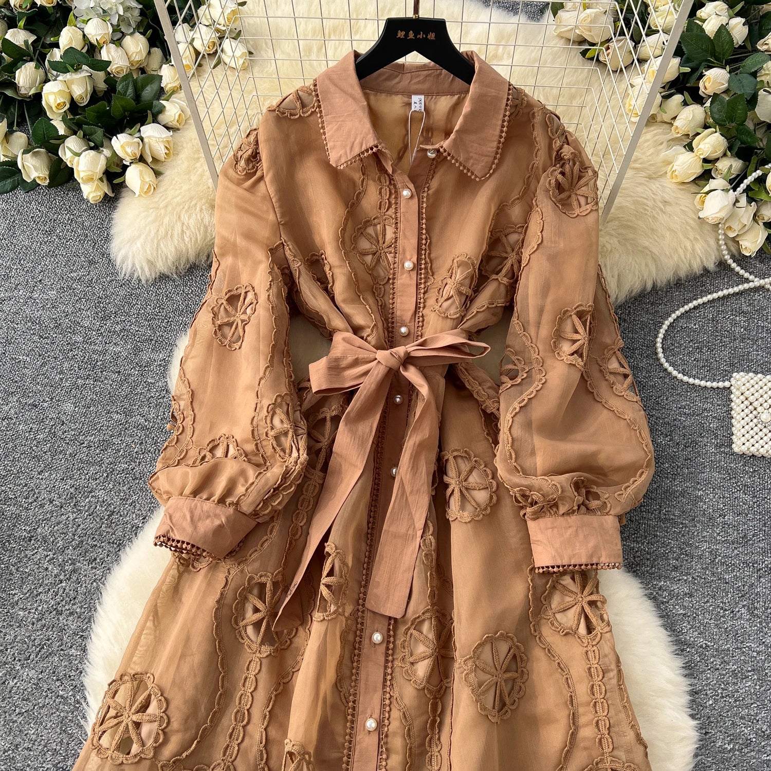 Elegant Embroidery Vintage Lantern Sleeves Lapel Single Breasted Chic Bandage Slim Long Dresses Women High Street Clothing