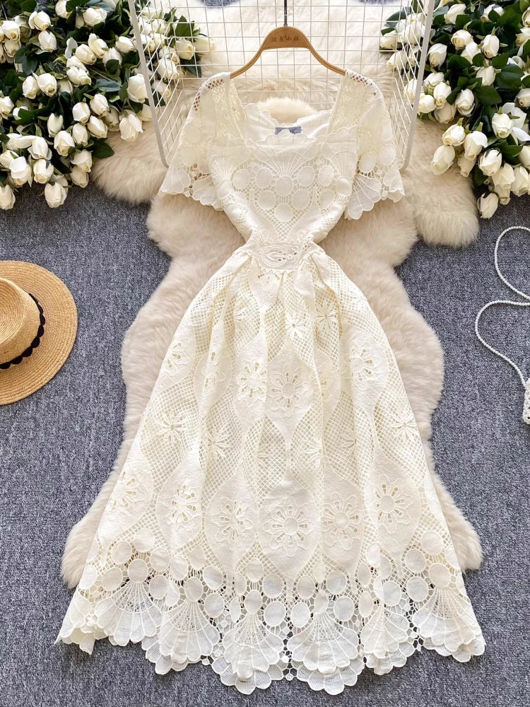 France Elegant Fashion Slim Evening Dress Women Hollow Out Lace Crochet Party Dress Female Casual Chic High End Clothing New