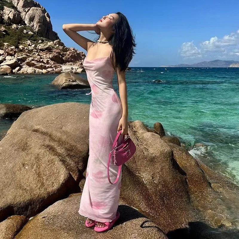 European and American Women's Fashion New Sweet and Spicy Style Off-Shoulder Mesh Printed Long Camisole Dress