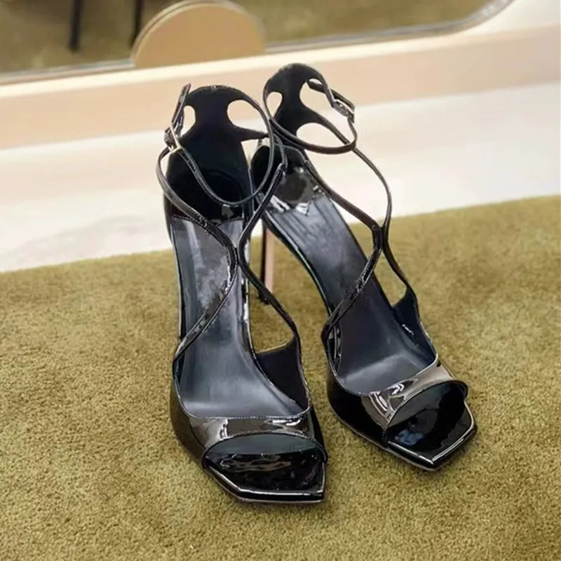 Fashion Patent Leather Peep toe Women Gladiator Sandals Sexy Narrow band Ankle Strap Gold Stiletto High heels Summer Party Shoes