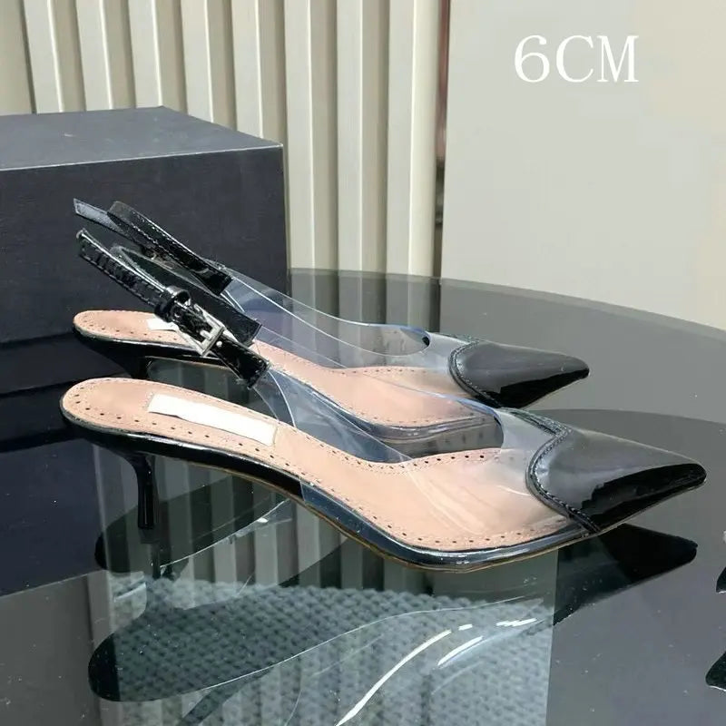 2025 European Summer New Women'S Sandals Pointy Thin Heels High Heels Back Empty Head Transparent Film Fashion Women'S Pumps