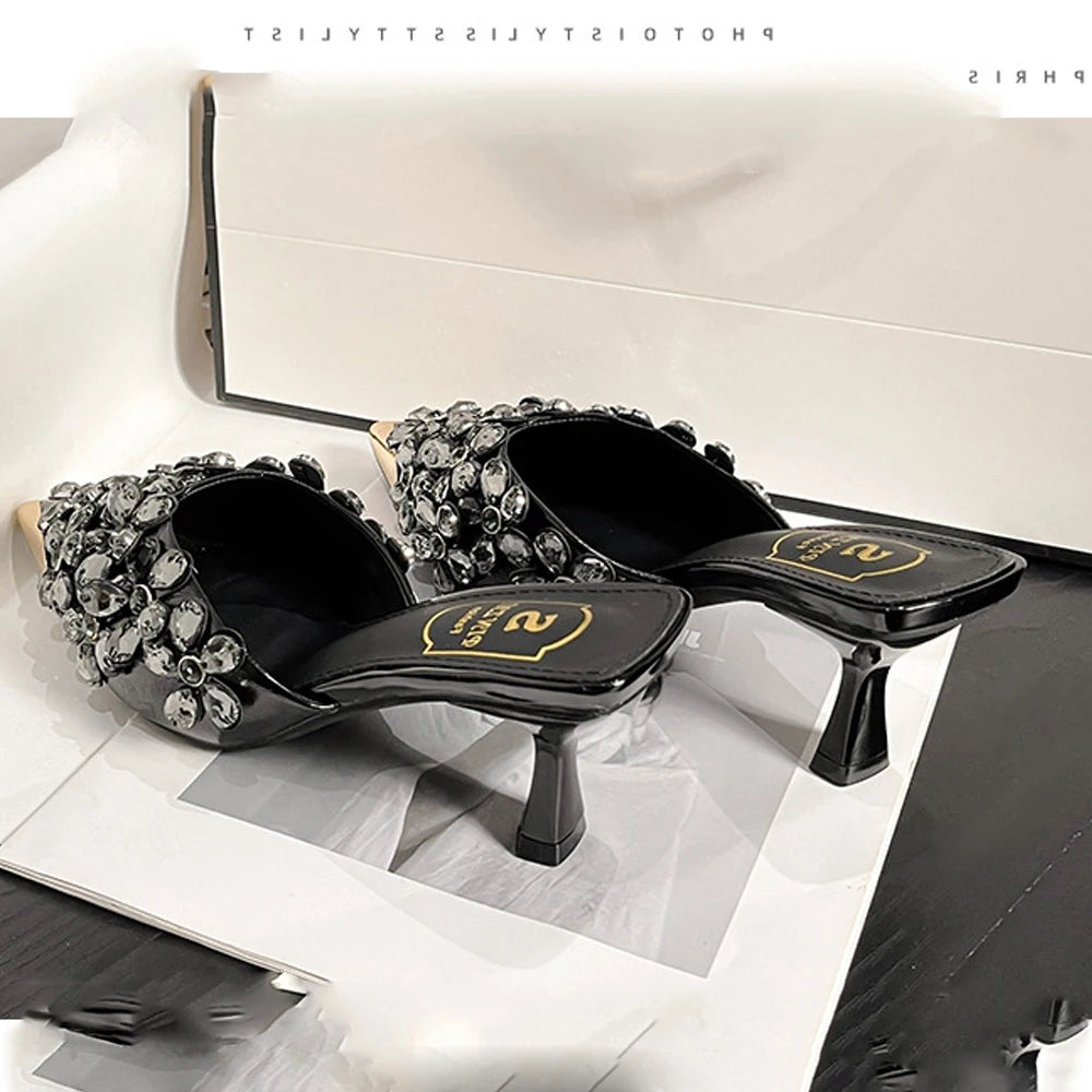 Summer Women High Heel Shoes Plus Size Fashion Rhinestone Women Slippers Point Toe Heel Half Slippers Designer Sexy Party Shoes